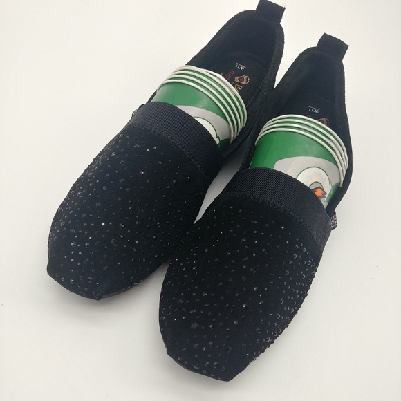 NEW BOBS Skechers | black leather suede shoes slip on rhinestone shoes black 11 - Picture 14 of 14